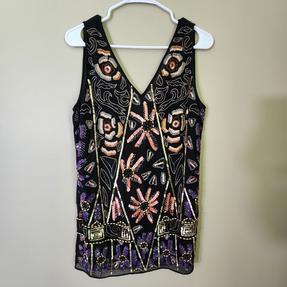 Free People Embroidered Black and Gold Floral Women's Dress Size XS Beaded Mini